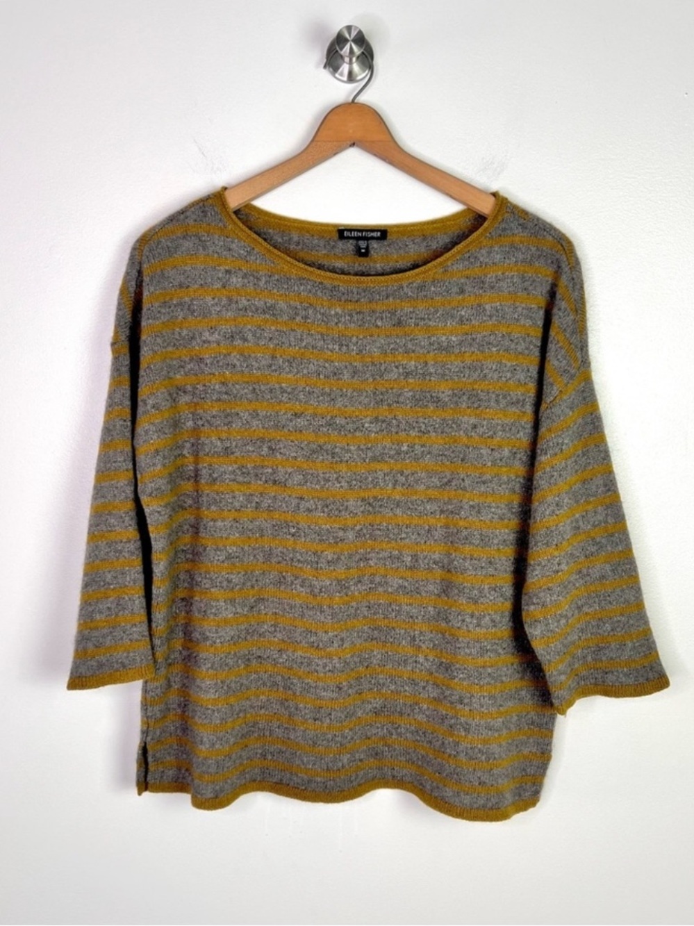 Eileen Fisher Yellow and Grey Stripe Wool/Yak Sweater
